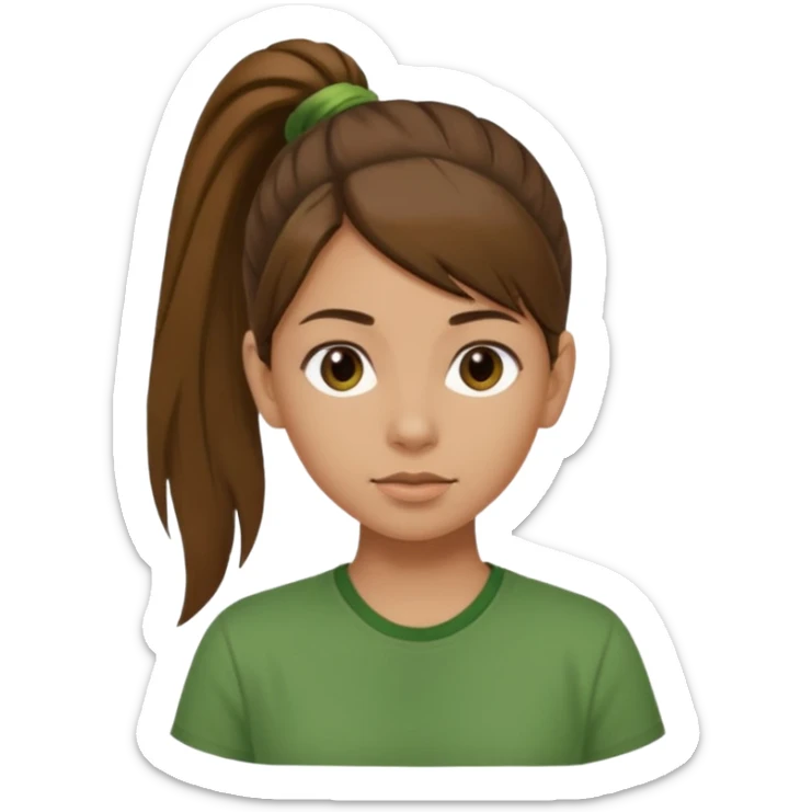 Make a zumba coach emoji, brown eyes, brown hair girl, green shirt with the "the roots" on it, longer pony tail hair sticker