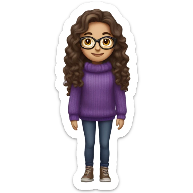 young girl, young hispanic, long brown hair, long curly brown hair, brown eyes, purple winter sweater, glasses, full body sticker