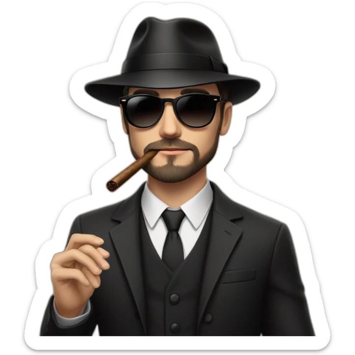 young white male adult with dark hair and beard, black fedora hat, black ray ban sunglasses, three pieces dark costume and tie smoking a cigar sticker
