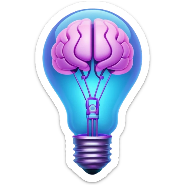 A stylized 3D emoji icon of a futuristic lightbulb. The filament inside is a glowing digital brain structure. The colors are a gradient of electric blue and purple neon light, with glowing edges. Minimalist, digital art aesthetic, sticker