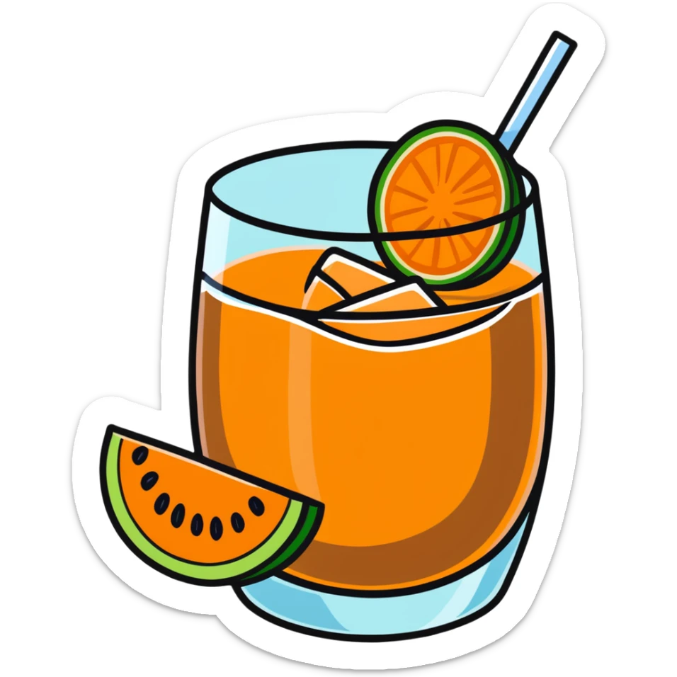 Spanish melón carajillo in a glass with ice, coffee, liquor, and fresh melon pieces sticker