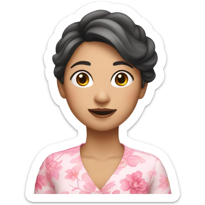 asian woman wearing floral dress holding a pink balloon sticker