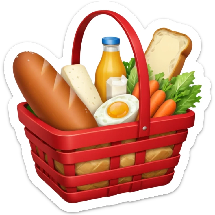red basket with groceries: milk, bread, sausage, eggs, potatoes, carrots, onions, cabbage sticker