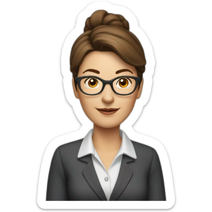 middle-aged accounting woman with brown midhair in a bun and glasses sticker