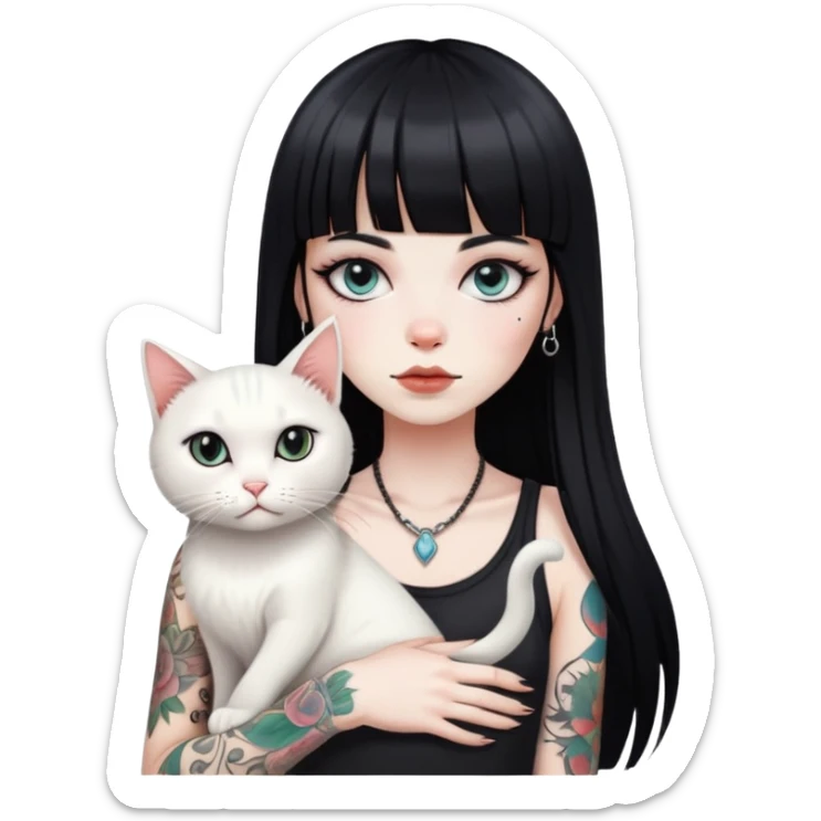 girl with long black  straight bangs hair and tattoos and a white cat sticker