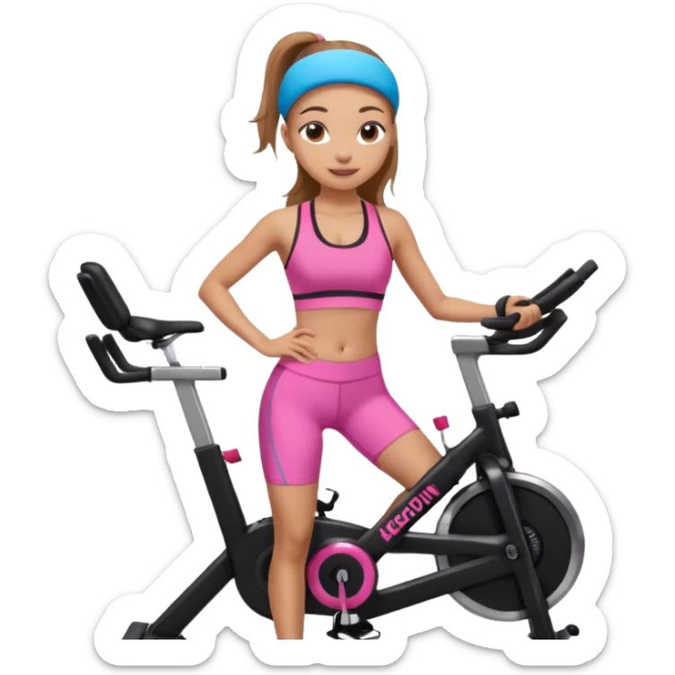 Light skin girl with long light brown hair in a pony tail, black workout set leaning on a indoor spin bike with NO HELMET, can we add a pink sports bra that says HOT GIRL CYCLE CLUB sticker