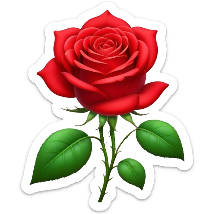 Cinematic Realistic Rose Emoji, Elegant and full of grace, with velvety, deep red petals unfurling in a perfect bloom, dew drops glistening on the soft edges, and a faint fragrance hanging in the air. The lush green leaves surround the stem, creating a vibrant contrast to the rich color of the petals. Soft glowing outline, capturing the essence of timeless beauty and romance in a single bloom. sticker