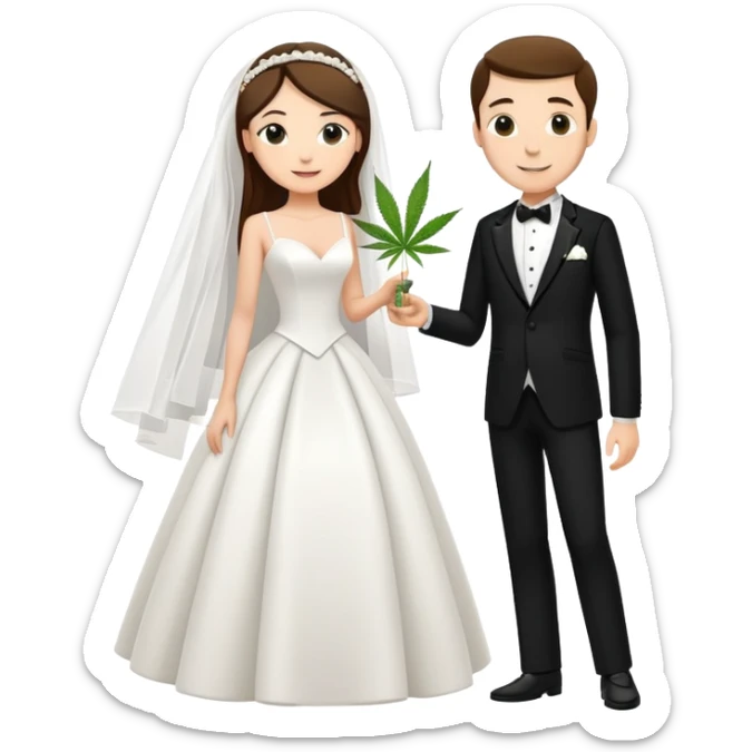 A bride in white wedding dress and groom in tuxedo, full body, sharing cannabis, wedding couple, different pose sticker