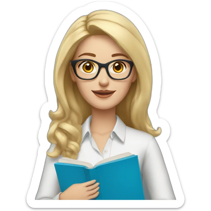 Woman teacher blonde hair brown glasses blue eyes books sticker