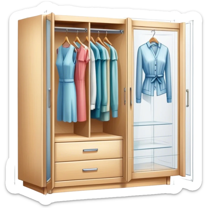 Icon for Furniture Design: a semi-transparent sketch of a wardrobe with a 3D model, pencil strokes, and development metrics. Without dress. The icon should represent the process of creating and refining furniture design. Transparent background. sticker
