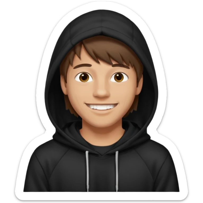 20 yr old man, brown hair, straight, big smile, white teeth, tanned skin, bangs, black hooded sweatshirt, long hair in back sticker