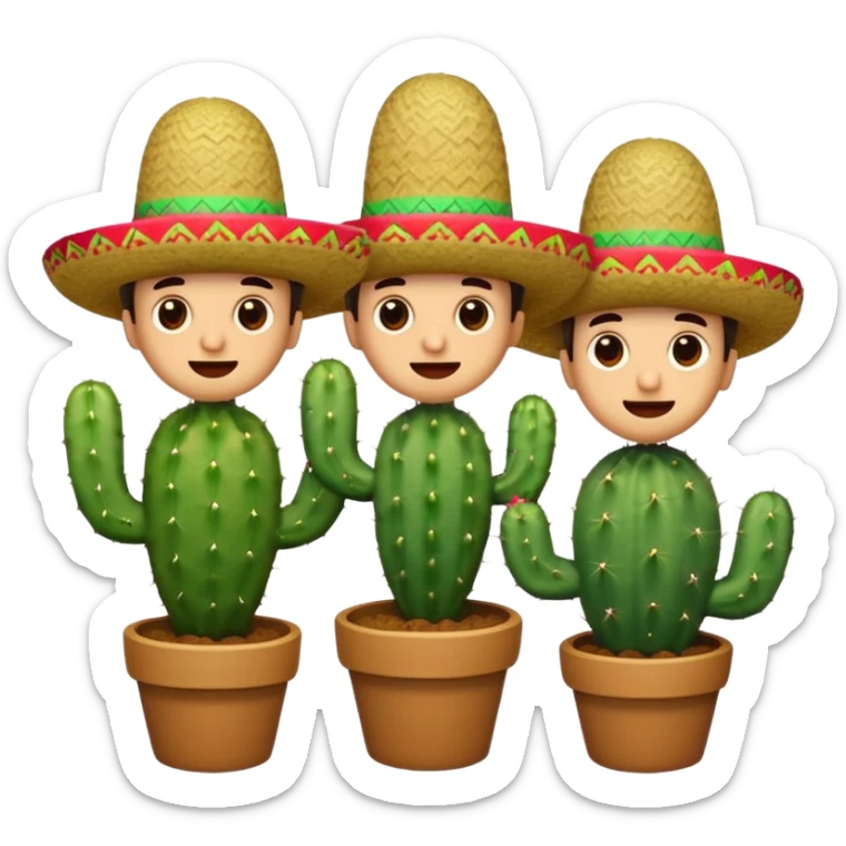 a trio of cactuses, each with distinct face: cheeky, joyful, surprised, all wearing festive Mexican sombreros, cute expressive emoji style sticker