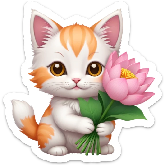 Kitten holding a bouquet of lotus flowers sticker