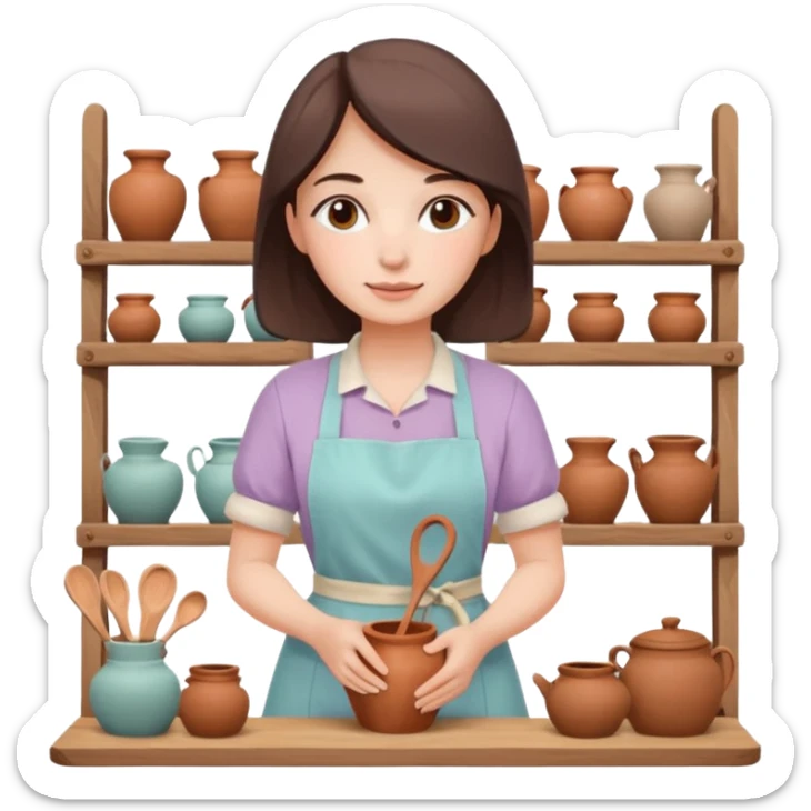 cartoon Apple iOS emoji style woman, pastel colors, Chilean wooden kitchen background, clay pots, warm light, detailed and clean vector art sticker