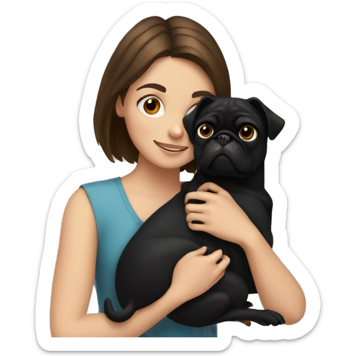 A girl with brown hair hugging a black pug dog sticker