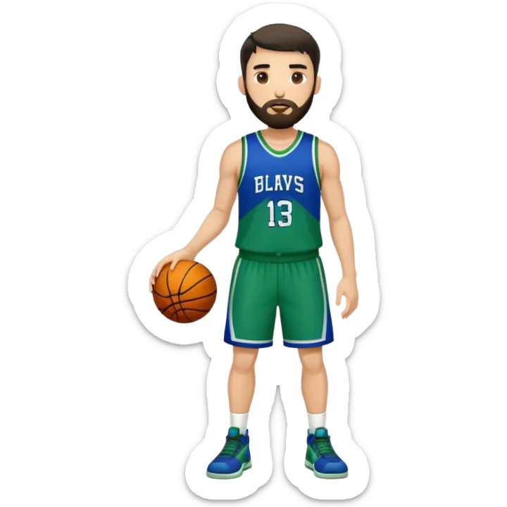 Full Body  white male basketball player with short dark hair and beard wearing blue and green uniform sticker