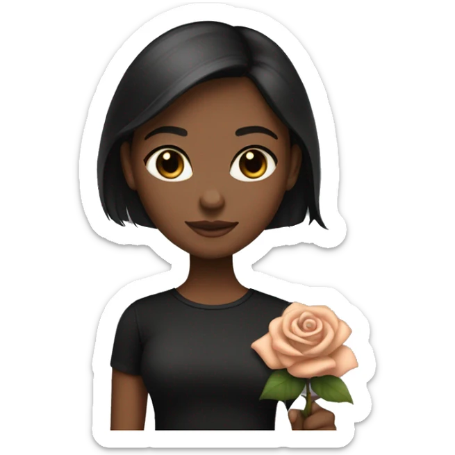 A girl with brown skin, dark brown hair and grey eyes in a black shirt holds a rose gold MacBook sticker