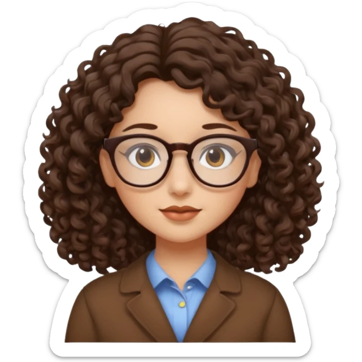 A girl has fair skin curly to wavy dark brown hair, has glasses and almond brown eyes sticker