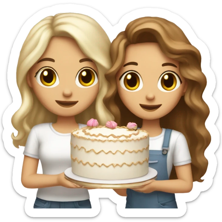 girl with blond wavy hair and tall girl with brown straight hair together holding big white cake sticker