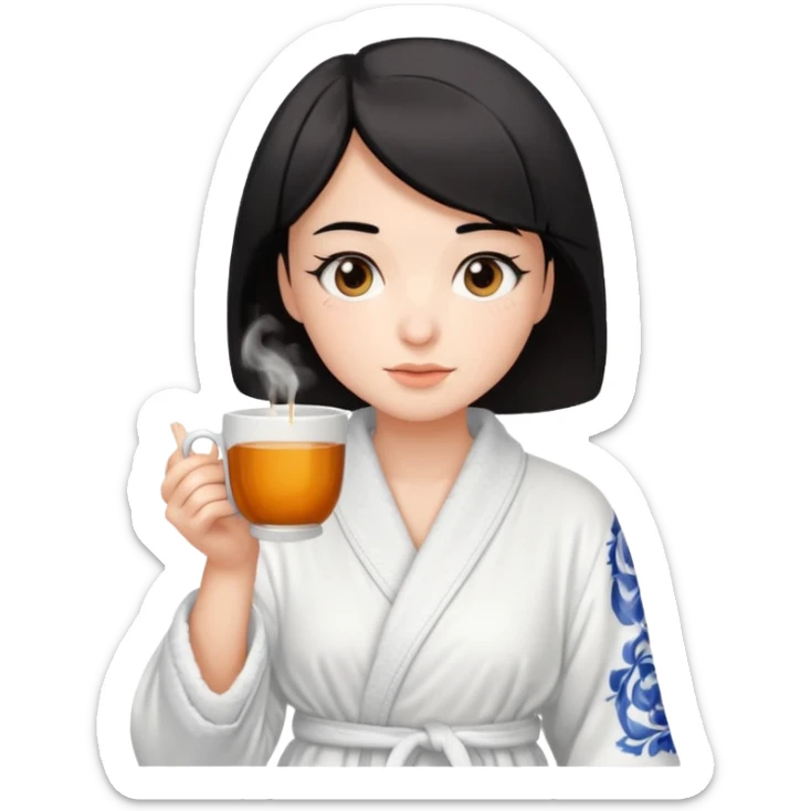 White girl with brown eyes and short black hair drinking a cup of tea in a bathrobe sticker
