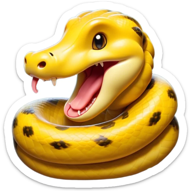 Cinematic Cute Yawning Anaconda Portrait Emoji, Head tilted slightly with a dramatic, wide-open yawn, showcasing a sinuous, scaled form with half-closed, drowsy eyes and an open, relaxed mouth, Simplified yet irresistibly adorable features, highly detailed, glowing with a soft, cozy jungle glow, high shine, relaxed yet expressive, stylized with a dash of whimsical reptilian charm, soft glowing outline, capturing the essence of a drowsy yet affectionate anaconda that appears ready to stretch out for a nap! sticker