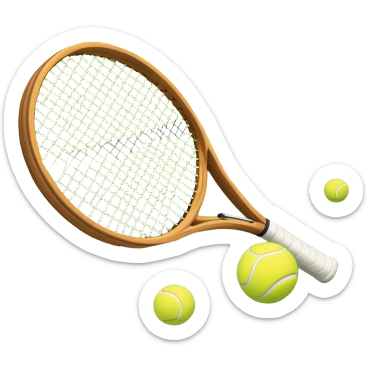 A tennis racket and ball positioned on a grass court, with the net and lines clearly visible in the background. The scene emphasizes the classic elements of the sport, capturing the energy and precision of a tennis match. sticker