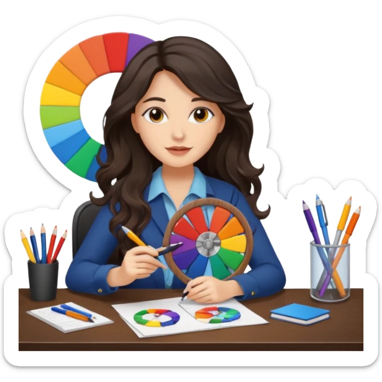 female dark wavy long hair graphic designer , holding color wheel , pens, papers, desktop sticker