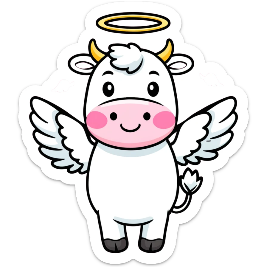 pink cow with angel wings and a halo, cartoon style sticker