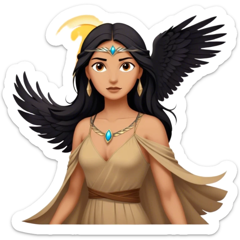 Cinematic Stunning Pocahontas Portrait Emoji, Windswept raven hair flowing behind her, deep brown eyes filled with wisdom and strength, glowing sun-kissed skin, wearing her elegant tan dress, the spirit of the wild in her expression, breathtakingly majestic! sticker