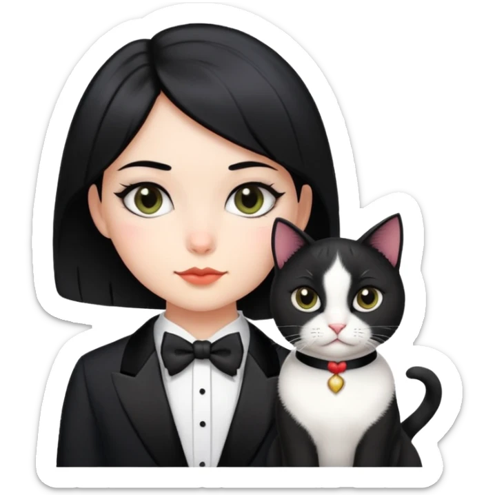 A girl with short black middle parted  hair parted in the middle, fair skin, and a tuxedo cat. sticker