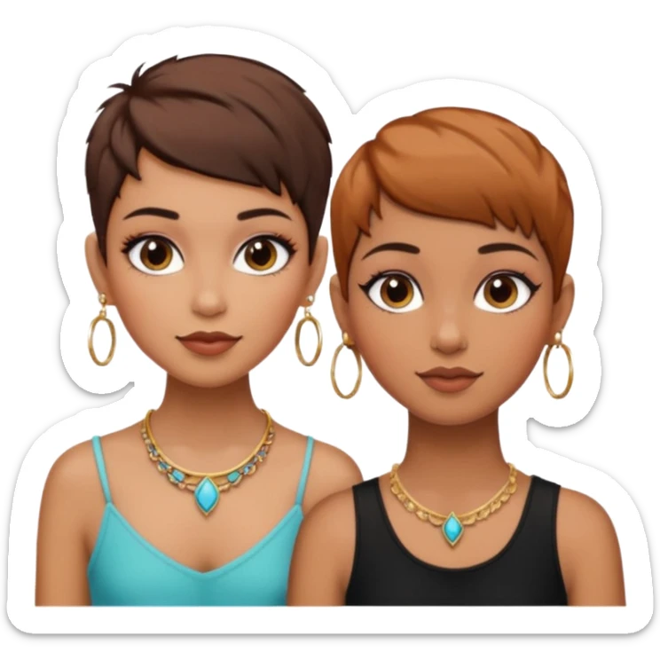 Puerto Rican fair skin straight brown pixie cut hair with hoop earrings make up and my best friend brown  colored pixie cut with jewelry and makeup on her caramel color face besties side-by-side wearing black  sticker
