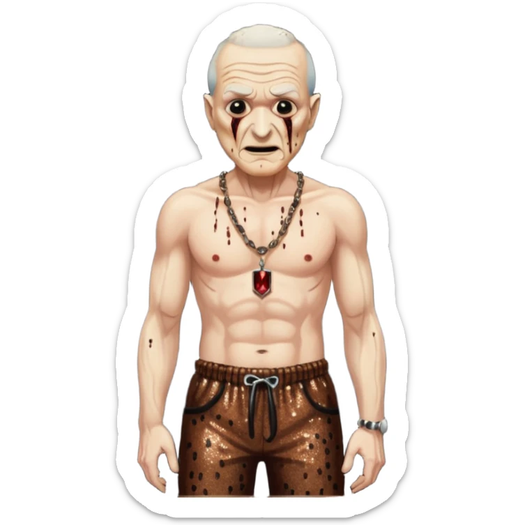Freddy Krueger with burned skin, dark brown sequin baggy pants, shirtless with necklace sticker