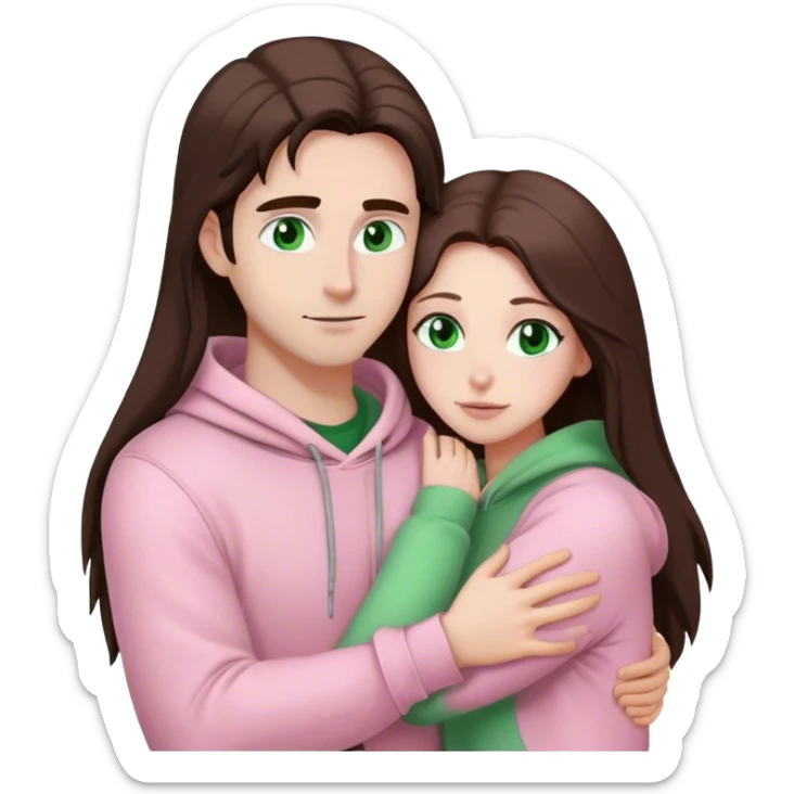 white woman with very long brown hair and green eyes in a light pink outfit hugging a white man with dark brown hair and black hoodie sticker