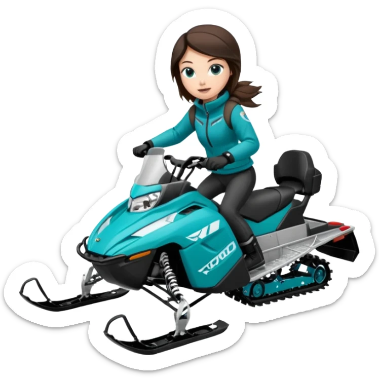 Can you create an emoji of a brunette girl on a teal polaris khaos 850 155 snowmobile action shot, no seat on the back sticker