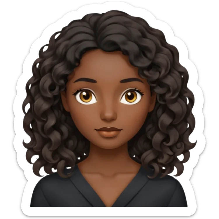 this avatar of 30th year-woman has shoulder-length black wavy hair with loose curls framing the face, and a long, pointed face, black skin with golden-brown eyes and a calm, neutral expression. sticker