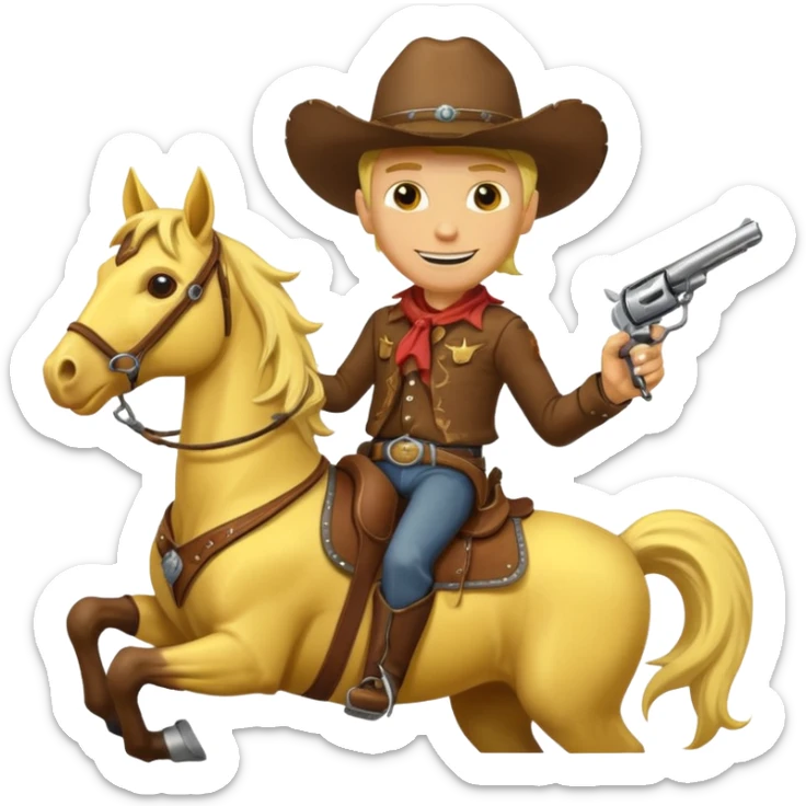 Cowboy riding a horse with revolver. Cowboy With yellow skin and smilling. Simplize it and I need a full pic with horse. Like I need the leg part too sticker