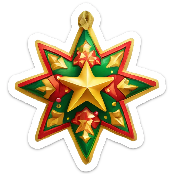 Traditional Ukrainian Christmas star for caroling, decorated with vibrant folkloric patterns, bright gold, red, and green colors, and small bells hanging from the edges, attached to a wooden pole. sticker