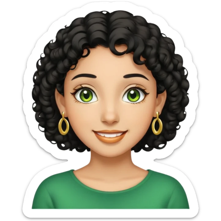 Girl showing happiness, medium skin tone, short curly black hair, gold earrings, green eyes sticker