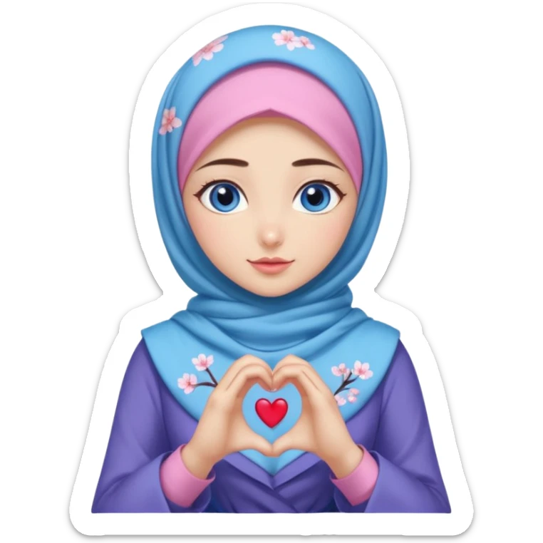 Turkish beautiful finish Konya girl blue eyes with mini cherry blossom hijab and lila blue pink dress and she make heart with hands sticker