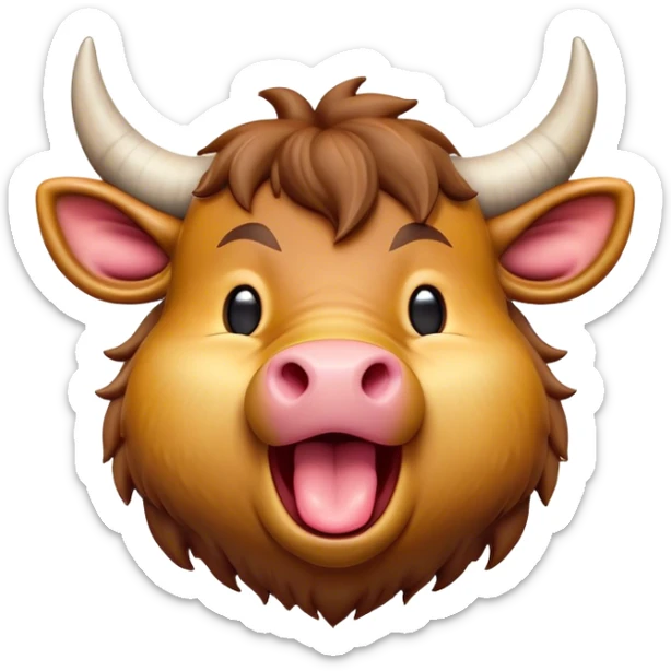 Cinematic Cute Yawning Domestic Ox Portrait Emoji, Head tilted slightly with a dramatic, wide-open yawn, showcasing a soft, textured hide with drooping horns and half-closed, drowsy eyes, Simplified yet irresistibly adorable features, highly detailed, glowing with a soft, cozy natural glow, high shine, relaxed yet expressive, stylized with a dash of pastoral whimsy, soft glowing outline, capturing the essence of a sleepy yet affectionate ox that seems ready to stretch out for a nap! sticker