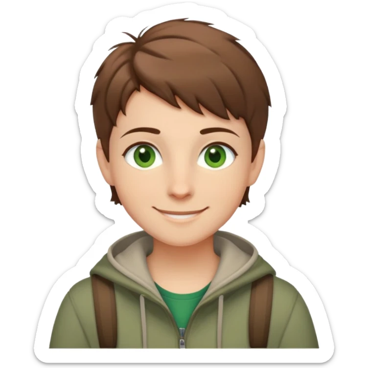 Rudeus Greyrat smiling warmly, green eyes, short brown hair, wearing travel clothes, friendly and kind expression sticker