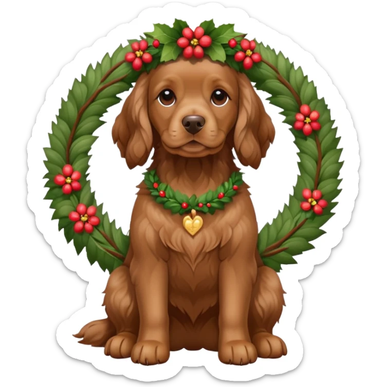 Full body shot of brown cocker spaniel sitting happily with a wreath on his head sticker