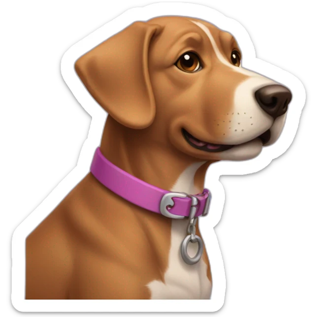 a purple dog with a brown nose and a pink collar with a bone happy  sticker