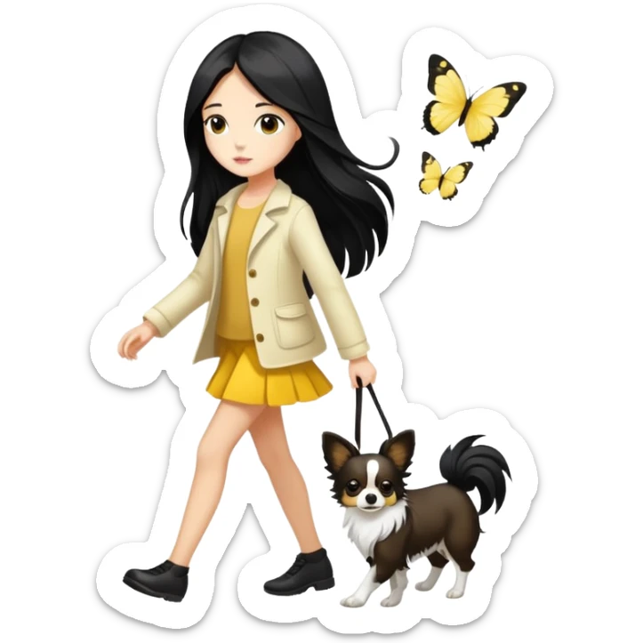 A girl with long black hair walks a yellow and white papillon sticker