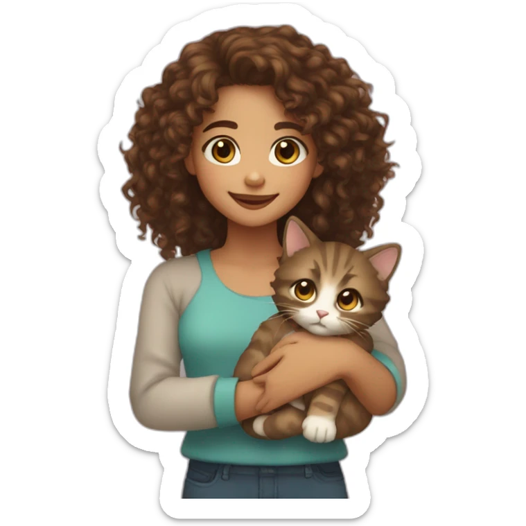 Girl long curly brown hair smiling mixed race et tenant brown eyes and holding a cat in her arms sticker