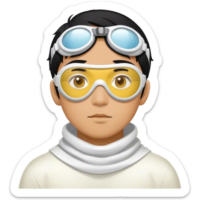 asian hero man with black hair, white circle goggles over the eyes, a yellow cowl sticker