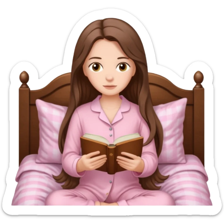  white long brunette hair girl with hazel eyes in light pink pajamas reading Pride and Prejudice sticker
