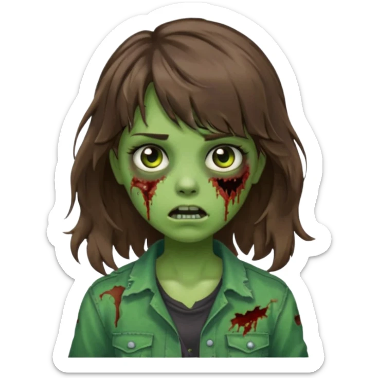 Uma menina zombie com um cabelo ondulado médio, com a franja pro lado esquerdo, o cabelo com cor castanho com a cor de pele verde  sticker