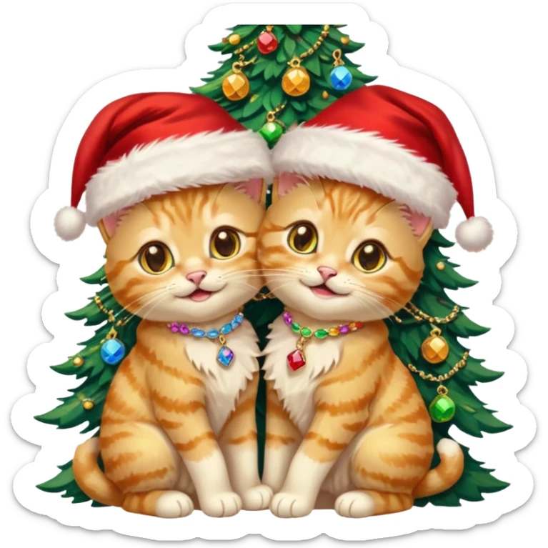 2 hazel green eyed cute hugging laughing fluffy gold twin kittens with Santa hats by a colorful multicolored brightly lit up Christmas trees wearing gold gem chains sticker