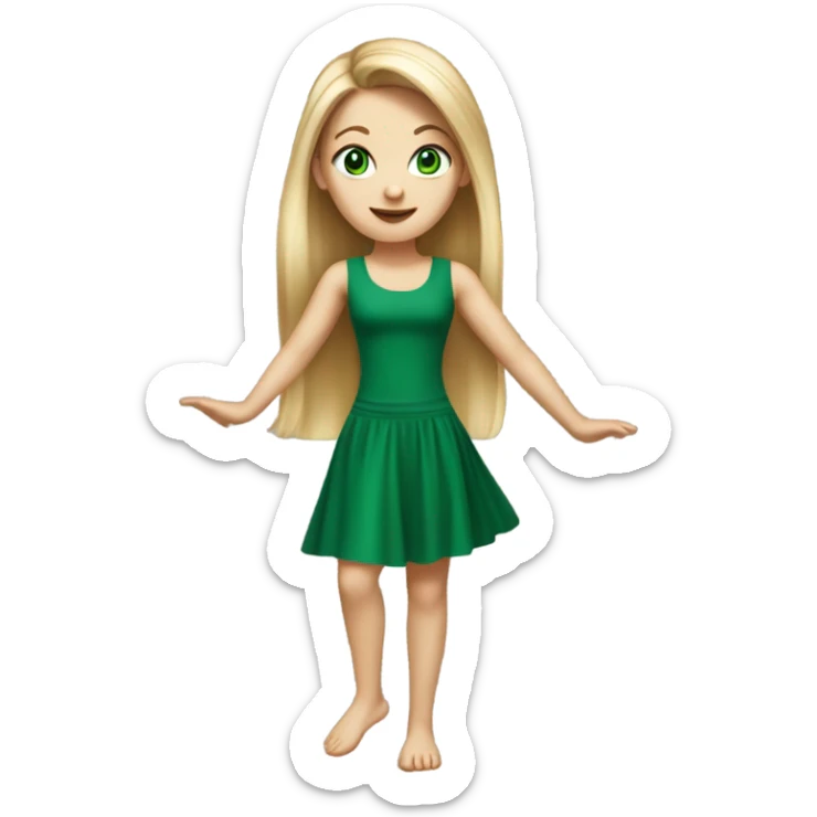 Realistic White girl with Long straight blonde hair, green eyes, tattoos, full body wearing green dress, dancing sticker
